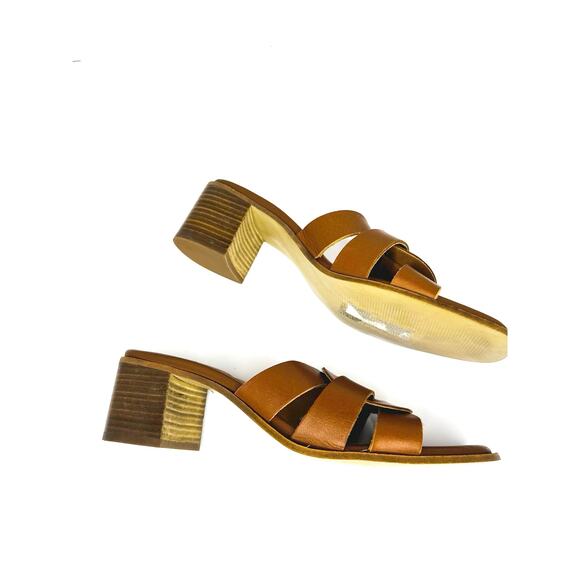 Bruno Magli Retro Classic Leather in Rich Cognac  Block Heel Slide Sandals 40 - Picture 4 of 9